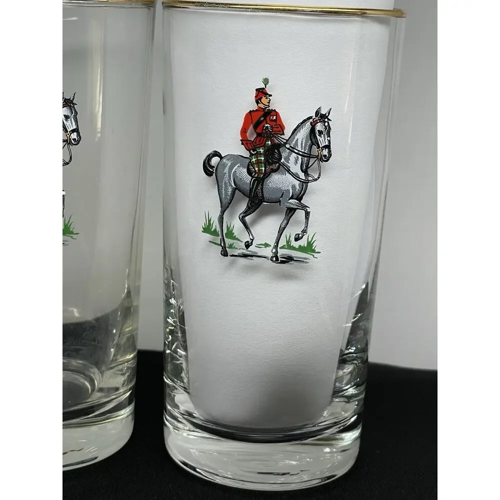Vintage‎ 1953 Libbey Cavalry Scottish Highlander Pilsner Glasses Gold Trim Set 2